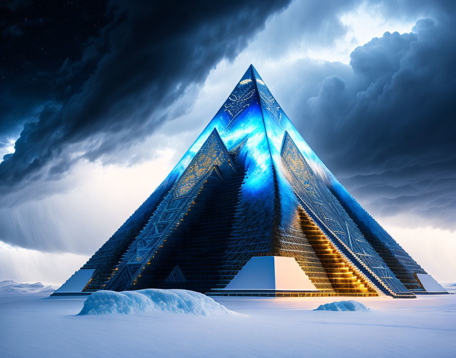 Futuristic pyramid with blue light in stormy snowy landscape