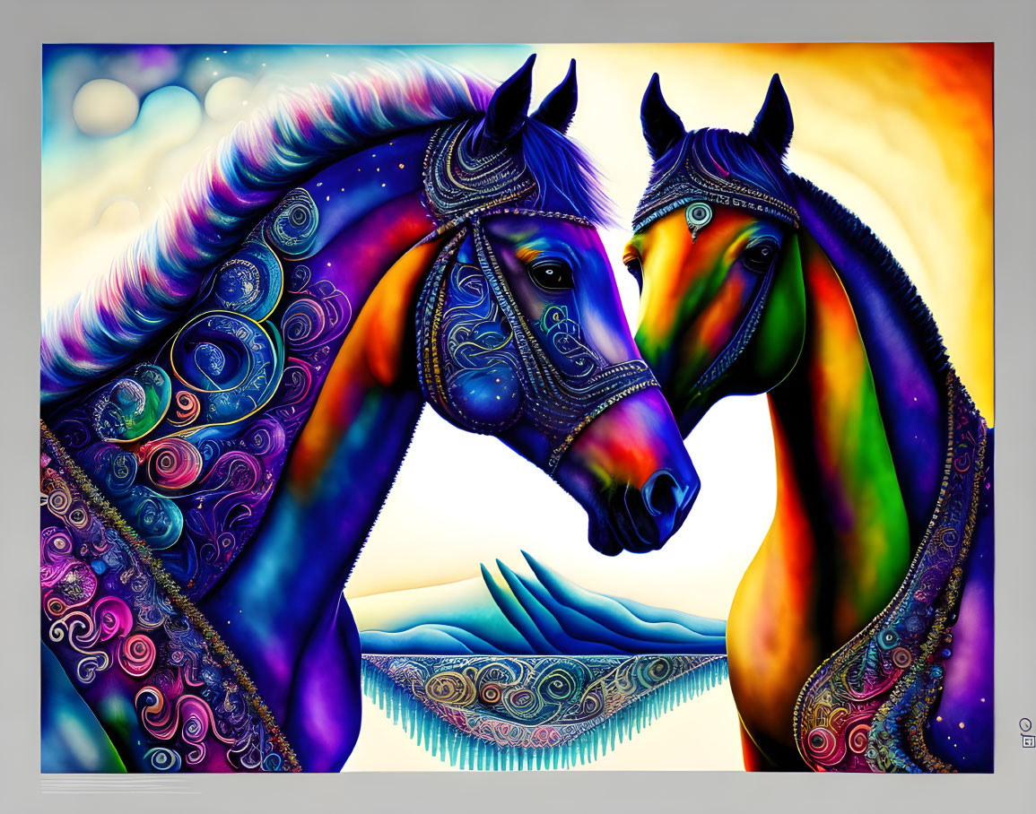 Colorful digital artwork: Two stylized horses with cosmic patterns on abstract background.