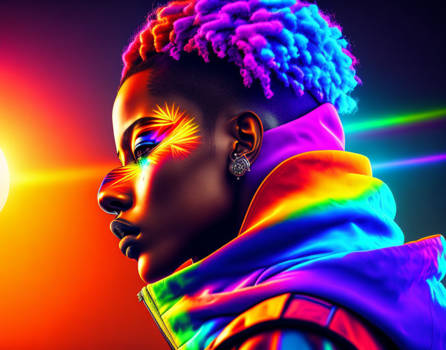 Colorful digital artwork: Person with neon hair and luminous makeup in radiant jacket on electric backdrop