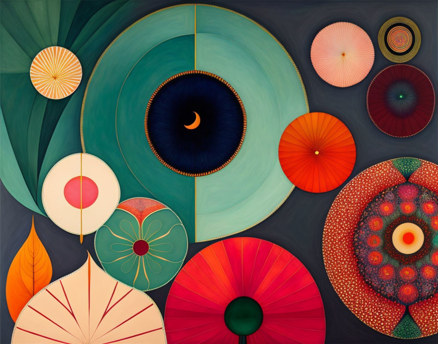 Colorful Abstract Art: Overlapping Circles & Semicircles in Celestial Theme