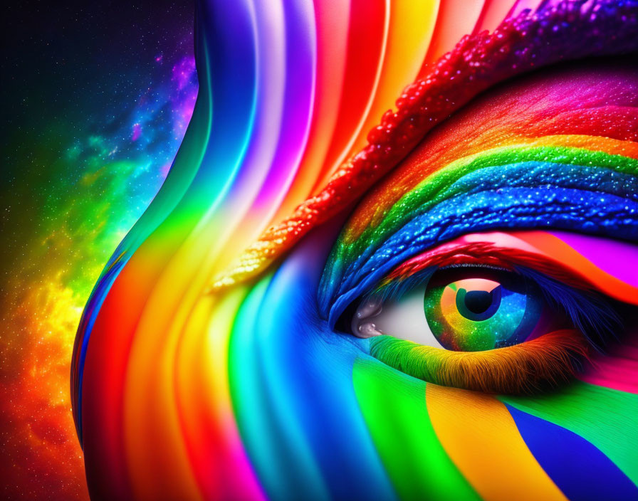 Colorful human eye art against cosmic backdrop