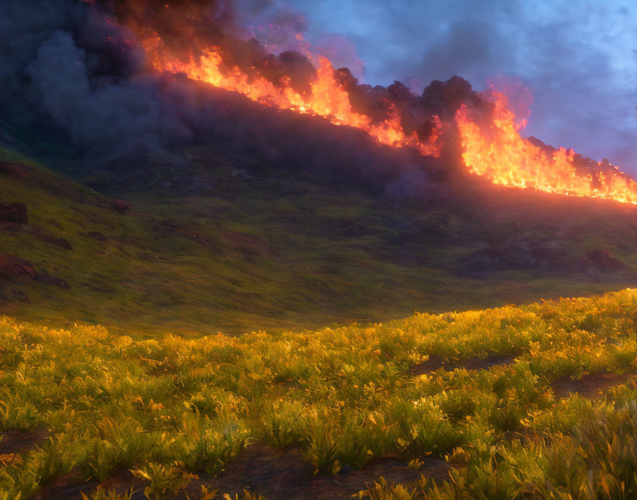 Molten lava flow at dusk illuminates smoke and wildflowers