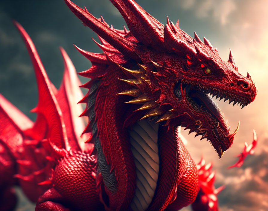 Red dragon with sharp scales and horns in cloudy sky