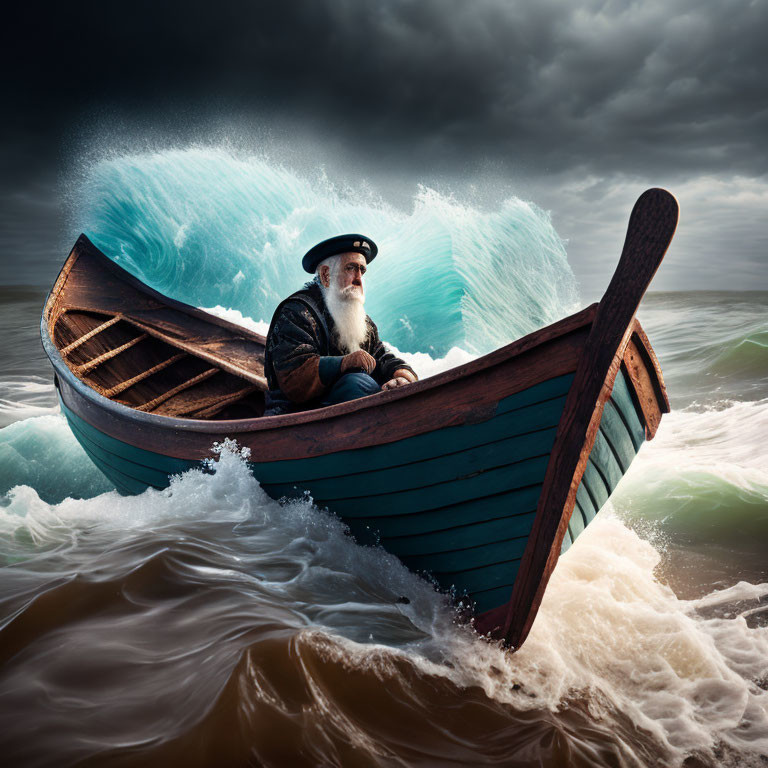 Elderly Bearded Sailor in Wooden Rowboat Battles Turbulent Seas