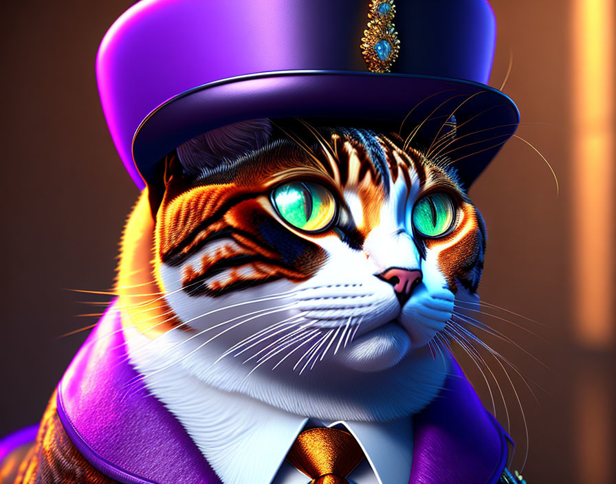 Digital Art: Cat with Green Eyes in Regal Purple Outfit & Top Hat