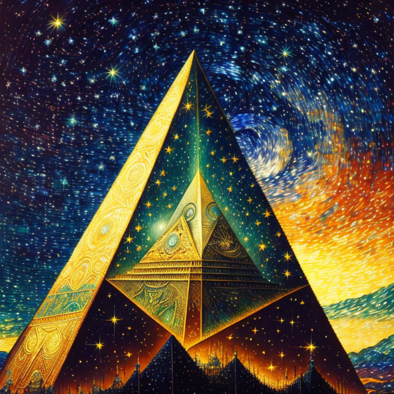 Pyramidal structure with intricate patterns under starry sky