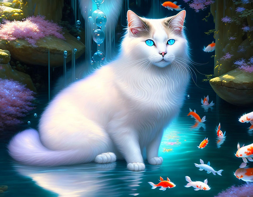 White Cat with Blue Eyes by Mystical Pond and Koi Fish