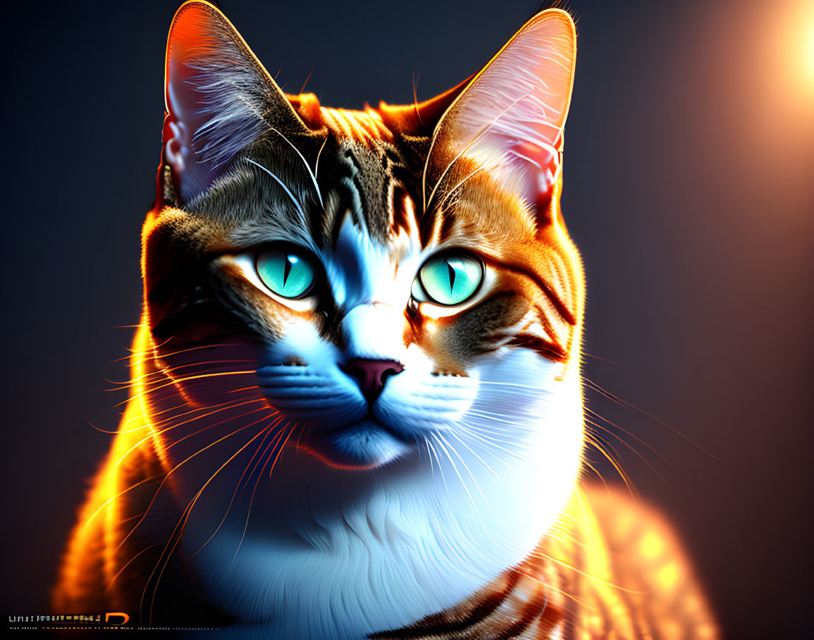 Colorful Digital Artwork: Vibrant Cat with Blue Eyes & Dynamic Lighting