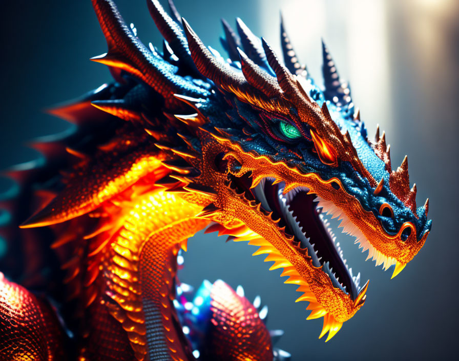 Colorful Multi-Headed Dragon Art in Blue and Orange