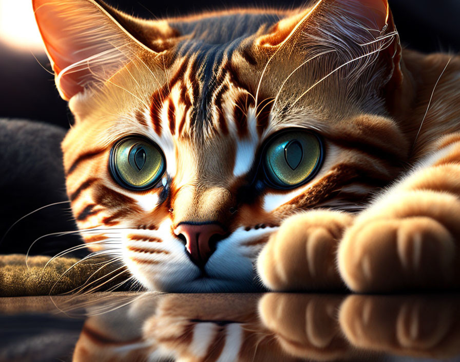 Orange Tabby Cat with Green Eyes Resting on Paws in Close-Up Shot