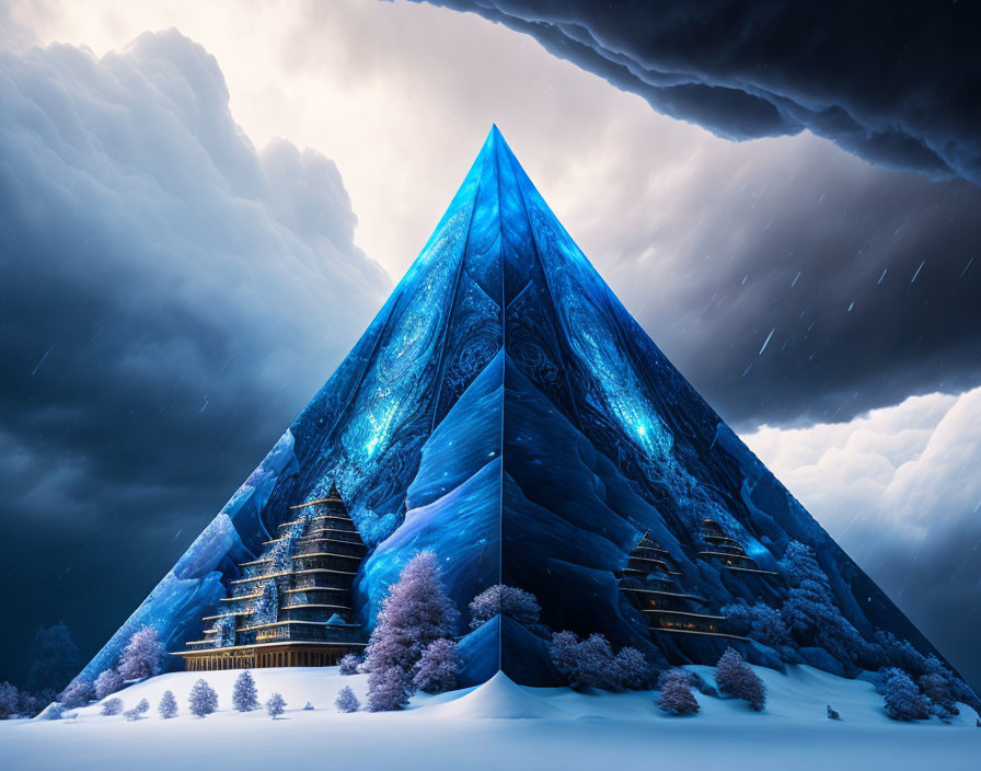 Glowing blue pyramid in snowy landscape with stormy clouds