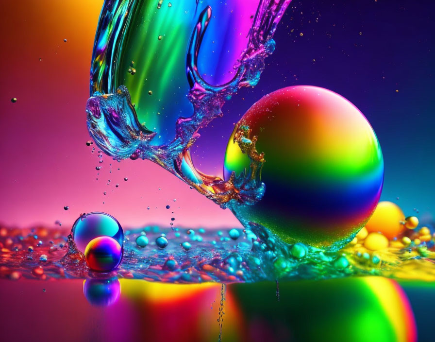 Colorful orb and droplets create kaleidoscope effect on wet surface