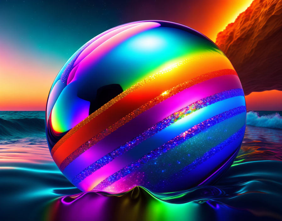 Colorful glossy sphere over ocean at sunset with rocky cliff