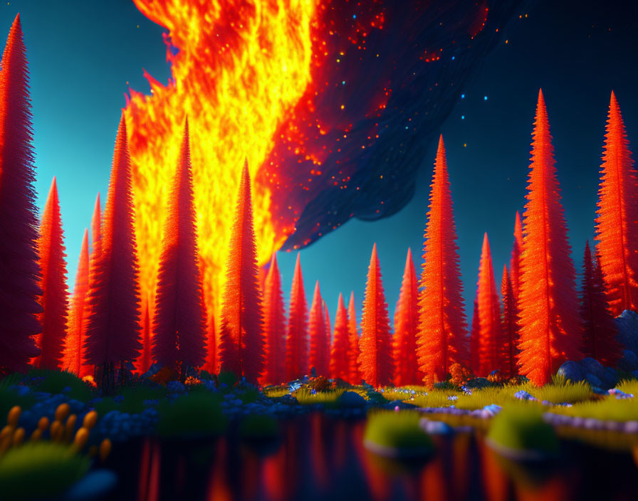 Vibrant forest with tall orange needle-like trees under night sky and fiery comet.