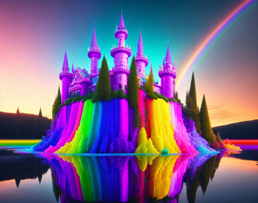 Colorful castle with spires on rainbow waterfall and sunset sky reflected in lake