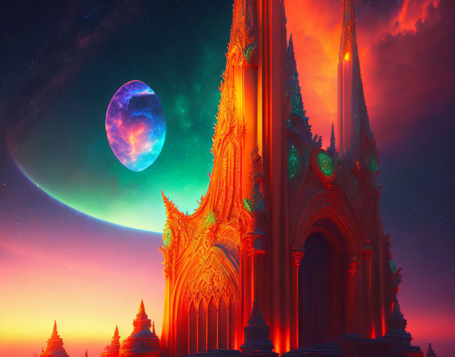 Surreal sci-fi landscape: massive purple moon, golden structures, reddish sky.