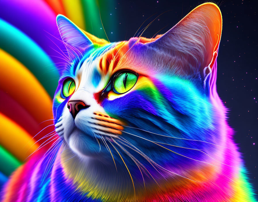 Colorful Digital Art: Cat with Rainbow Fur and Green Eyes