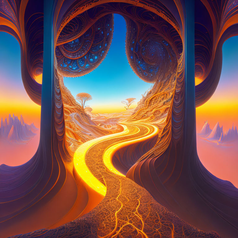 Colorful digital artwork: Winding path in surreal, fractal landscapes