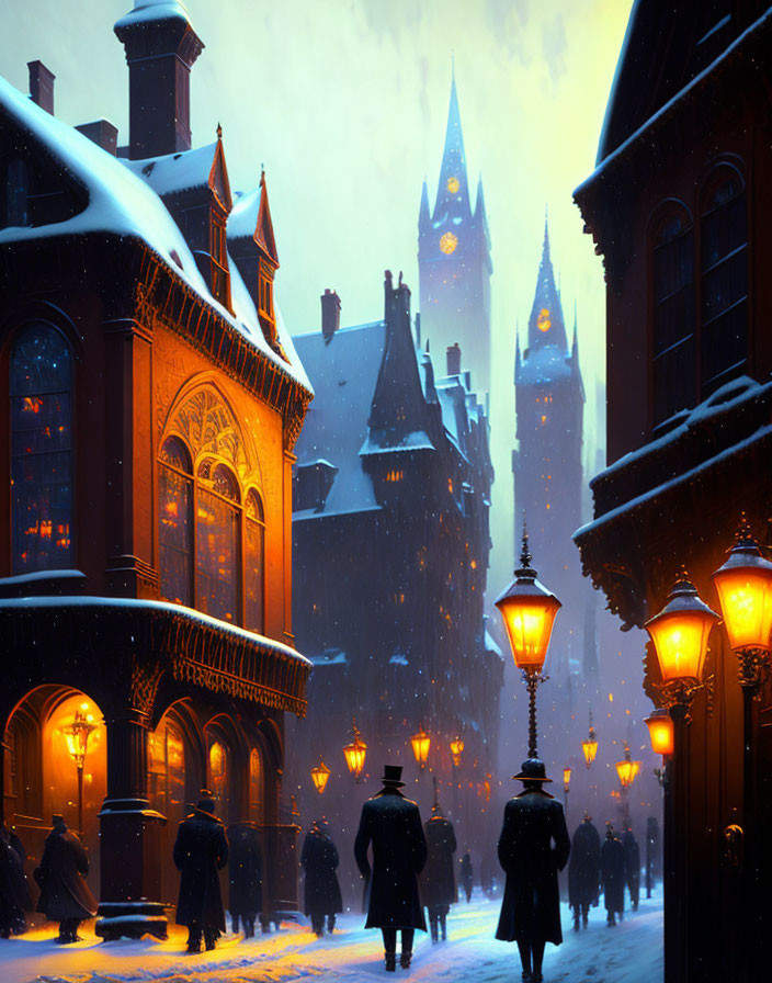 Winter scene: Snowy street, people walking, Victorian buildings, street lamps, twilight sky