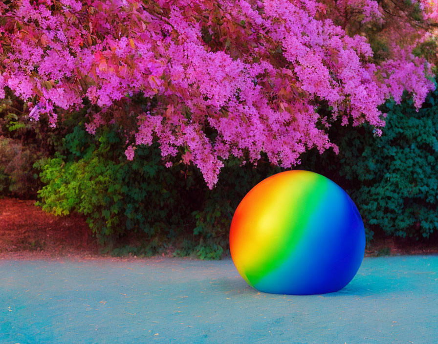 Rainbow-Colored Ball under Pink Blossom Canopy