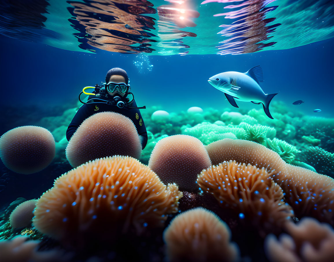 Underwater Diver Surrounded by Coral and Fish with Sunlight Rays