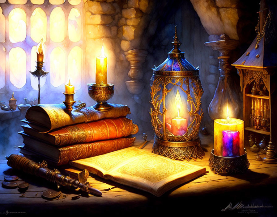 Candlelit still life with open book, lantern, quill, and inkwell