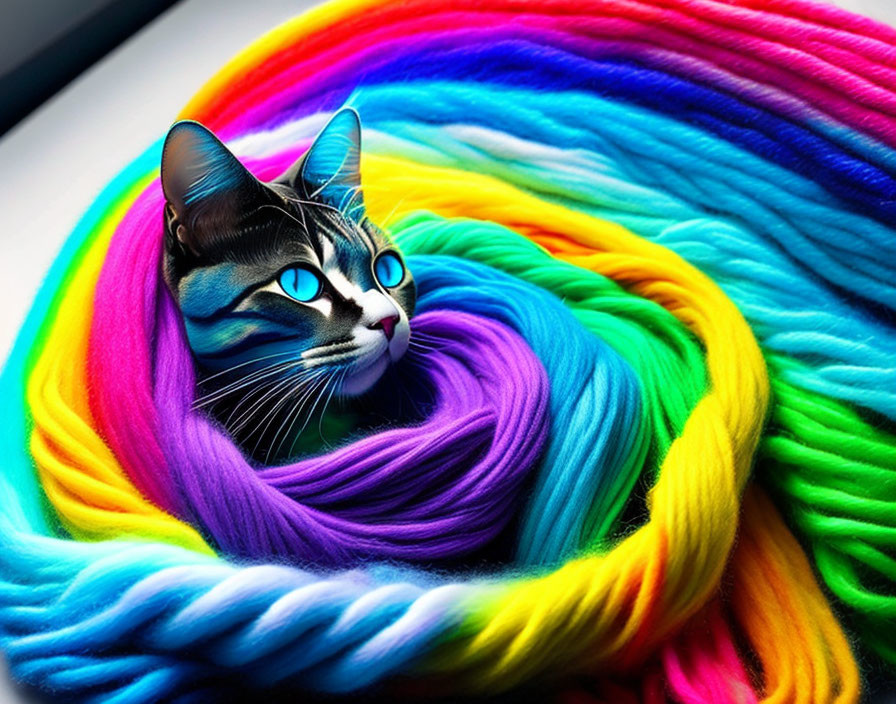 Digitally altered cat image with vibrant blue eyes and rainbow yarn swirl