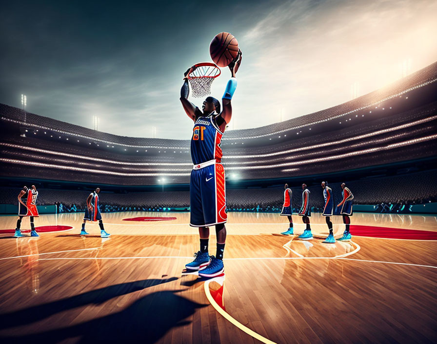 Basketball player in blue and orange uniform shooting in sunlit arena