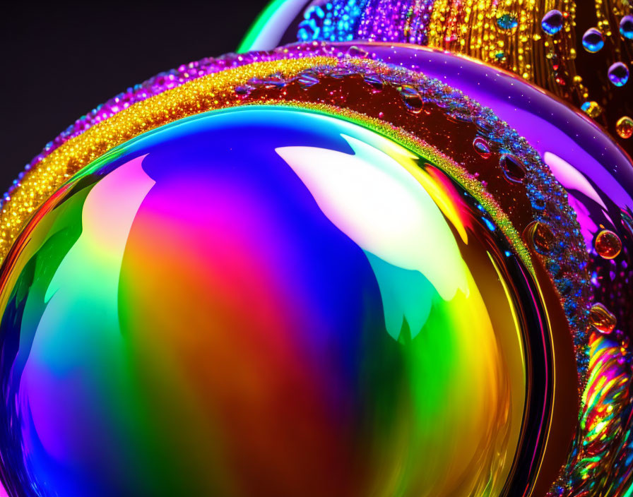 Iridescent bubbles and water droplets on dark backdrop