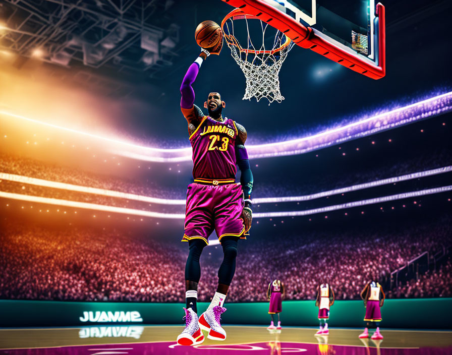 Basketball player in purple and gold uniform dunking with animated crowd.