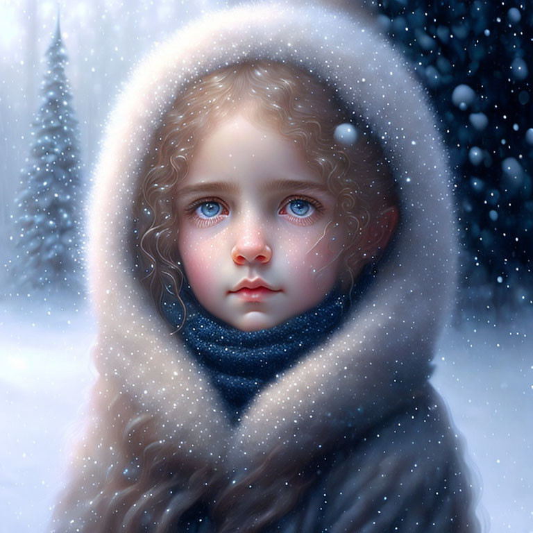 Child with blue eyes and curly hair in snowfall scene.