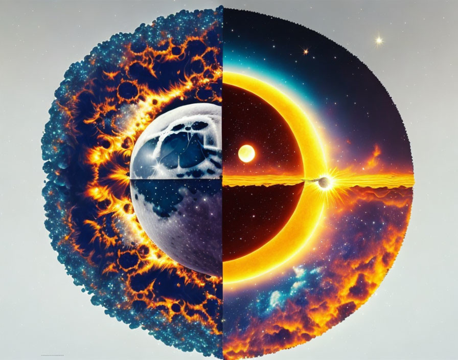 Surreal artwork: Bisected Earth in flames and serene night divided by cosmic ring