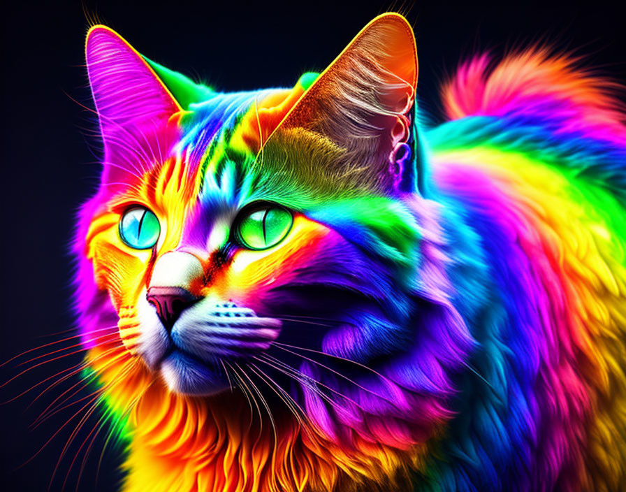 Colorful digitally-altered cat with rainbow fur on black background