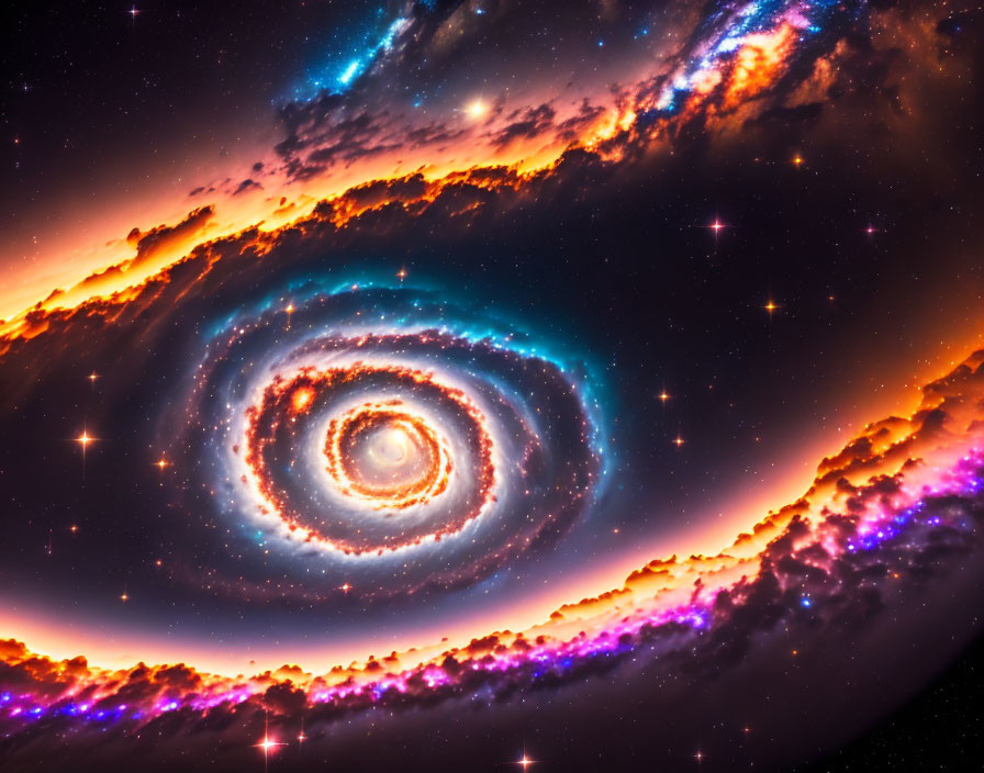 Colorful Spiral Galaxy with Stars and Cosmic Clouds in Orange, Blue, and Purple