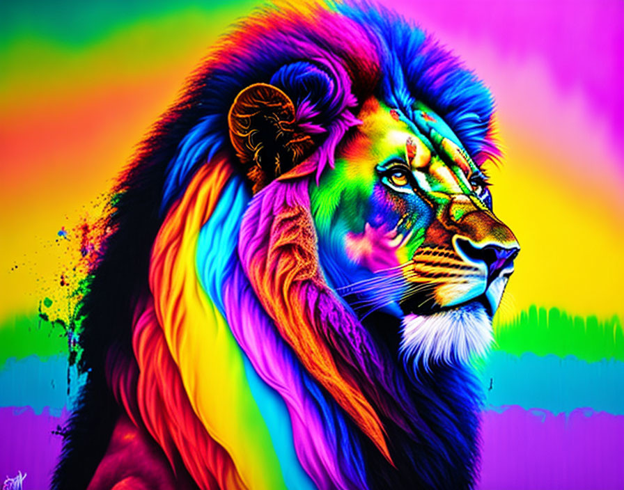 Colorful Lion Head Artwork with Rainbow Palette & Psychedelic Background