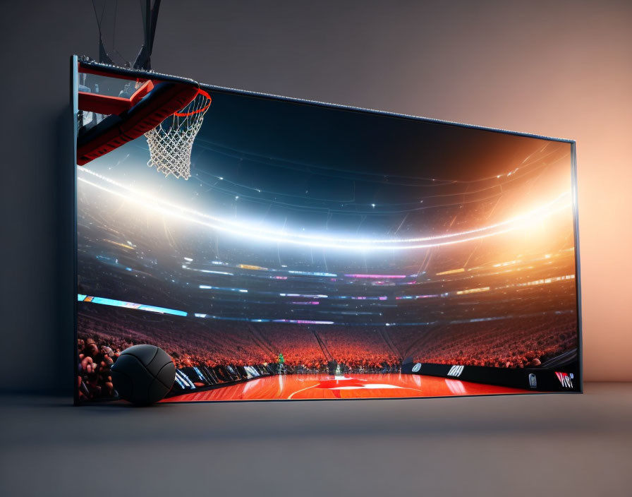 Curved TV screen showing vibrant basketball court scene