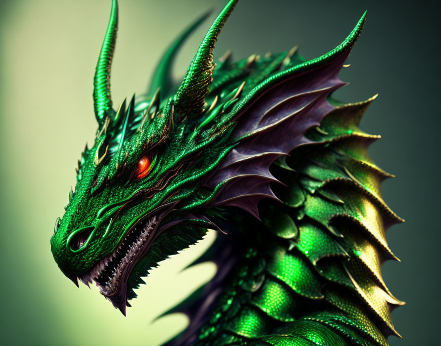 Detailed green dragon with sharp horns and glowing red eyes on blurry green background