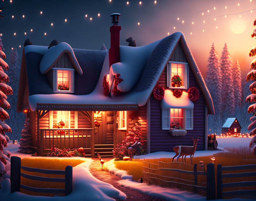 Snow-covered Christmas house with reindeer in twilight