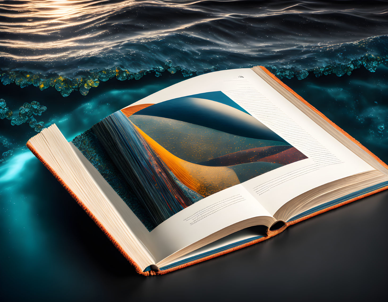 Open book displaying landscape image on water at sunset