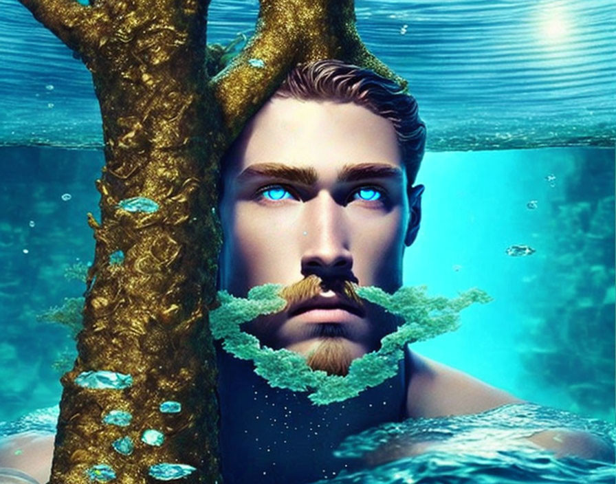 Male figure with blue eyes and sea vegetation beard in underwater scene.