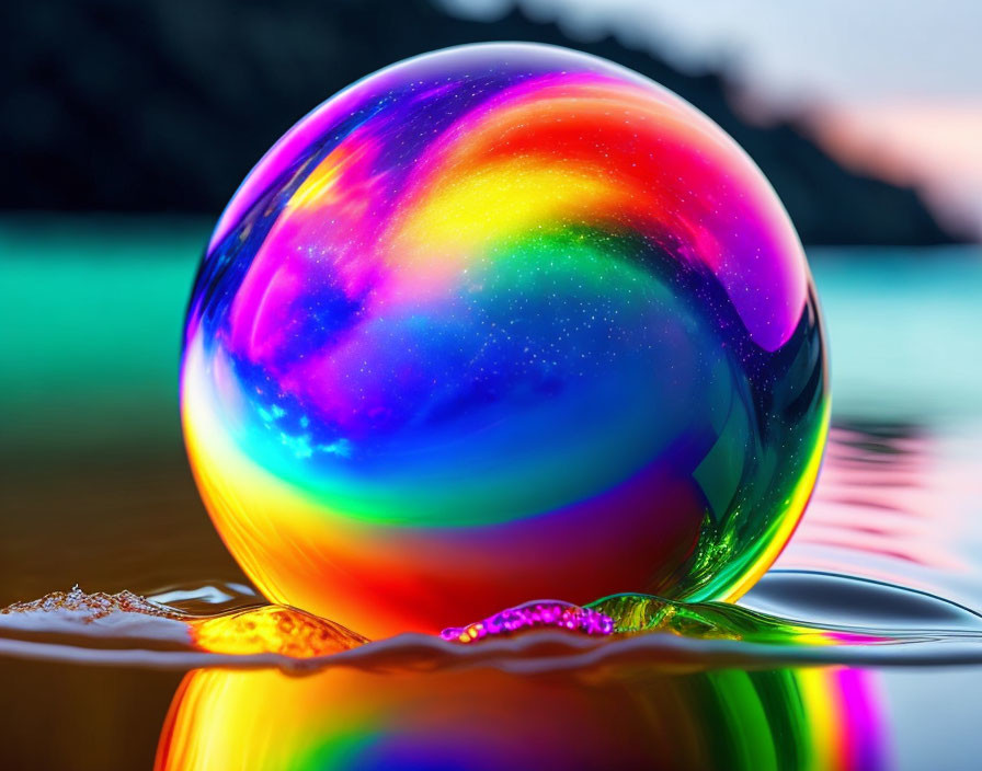 Colorful soap bubble on water with blurred natural background