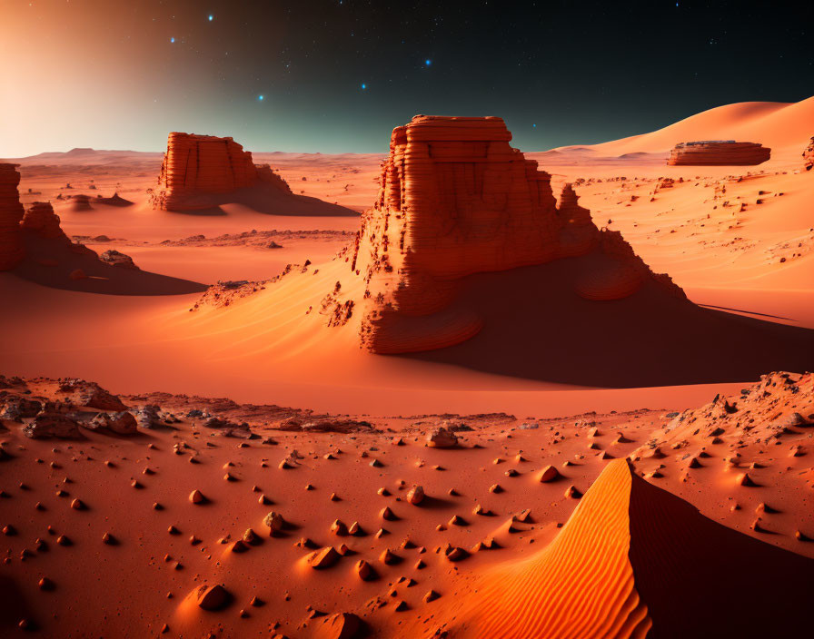 Majestic red sandstone formations in a Martian-like desert landscape