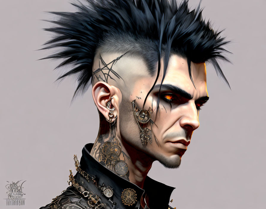 Punk-style male character with mohawk, piercings, tattoos, and intense eyes in