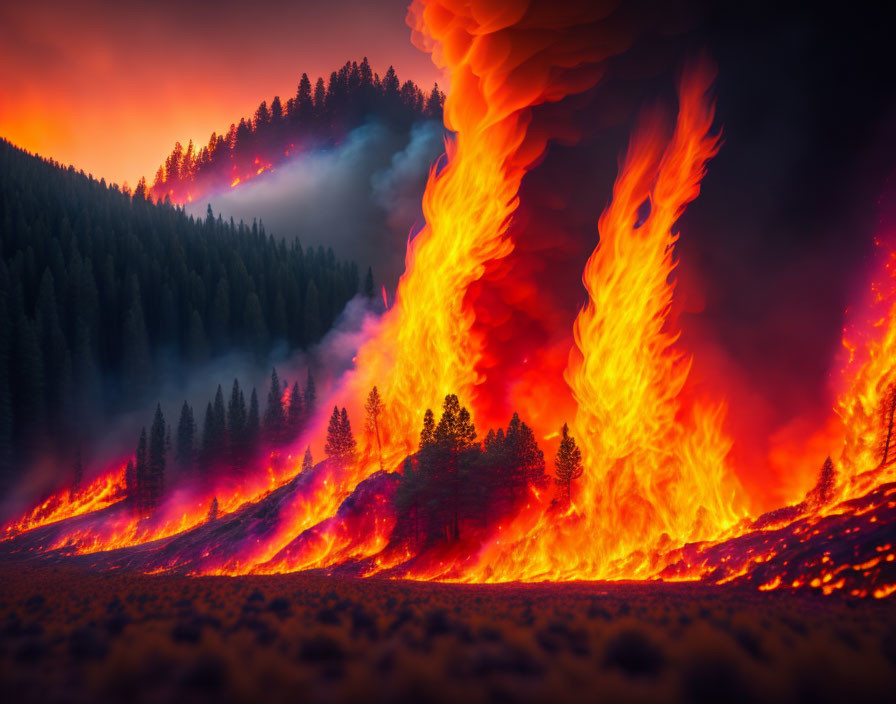 Raging wildfire engulfs forest at twilight