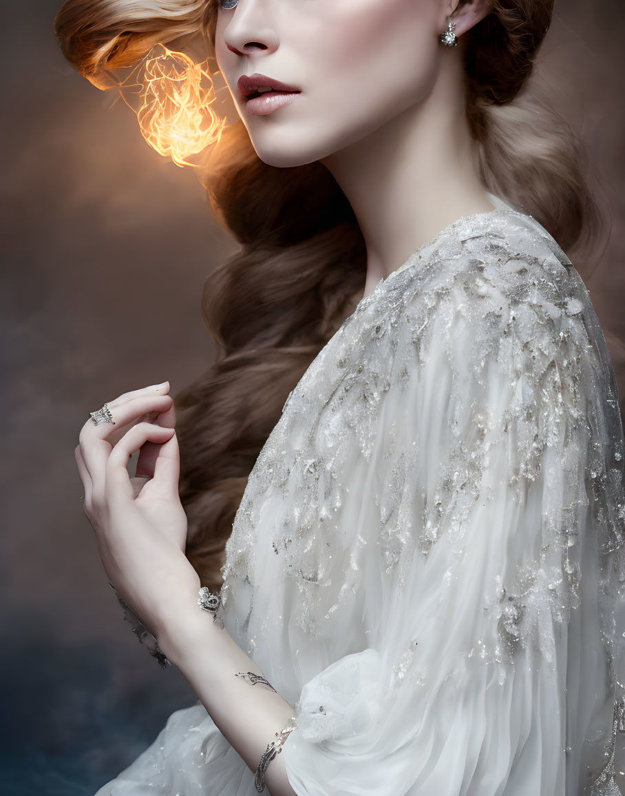 Ethereal woman in white gown with glowing orb and flowing hair