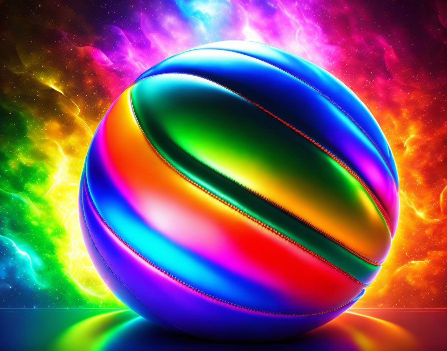 Colorful Glossy Sphere with Neon Stripes on Abstract Cosmic Background