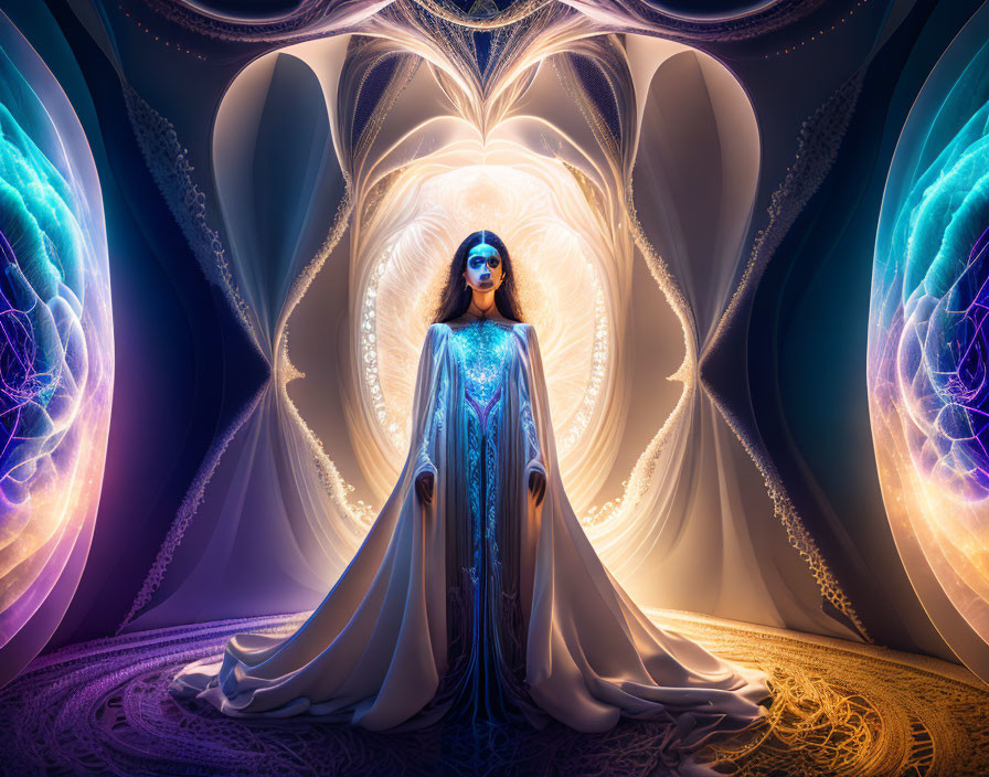 Elaborate Blue Costume on Mystical Figure in Fractal-Inspired Neon Background