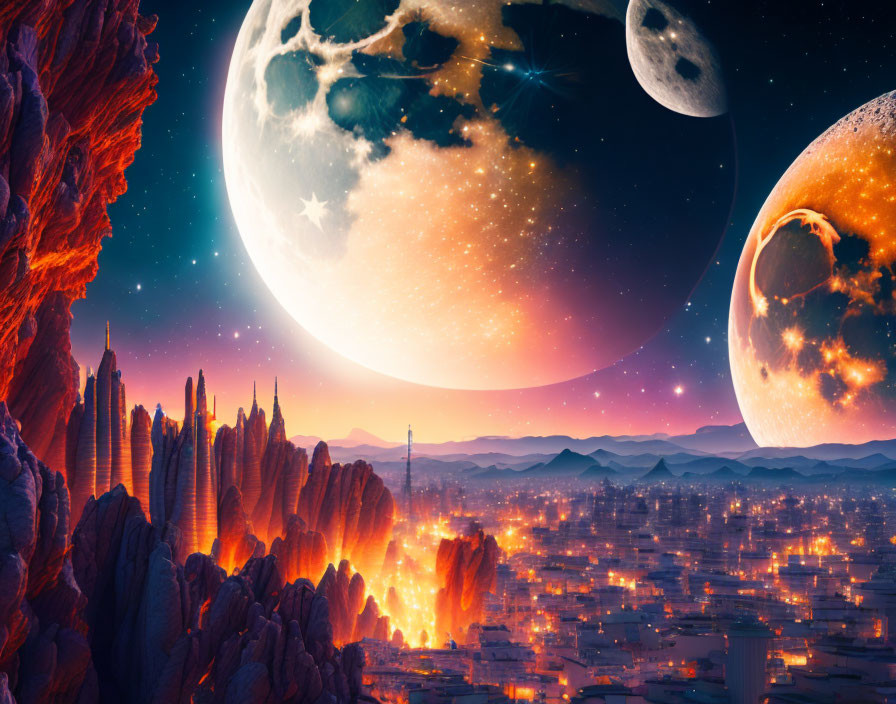 Futuristic cityscape on rocky terrain under two moons