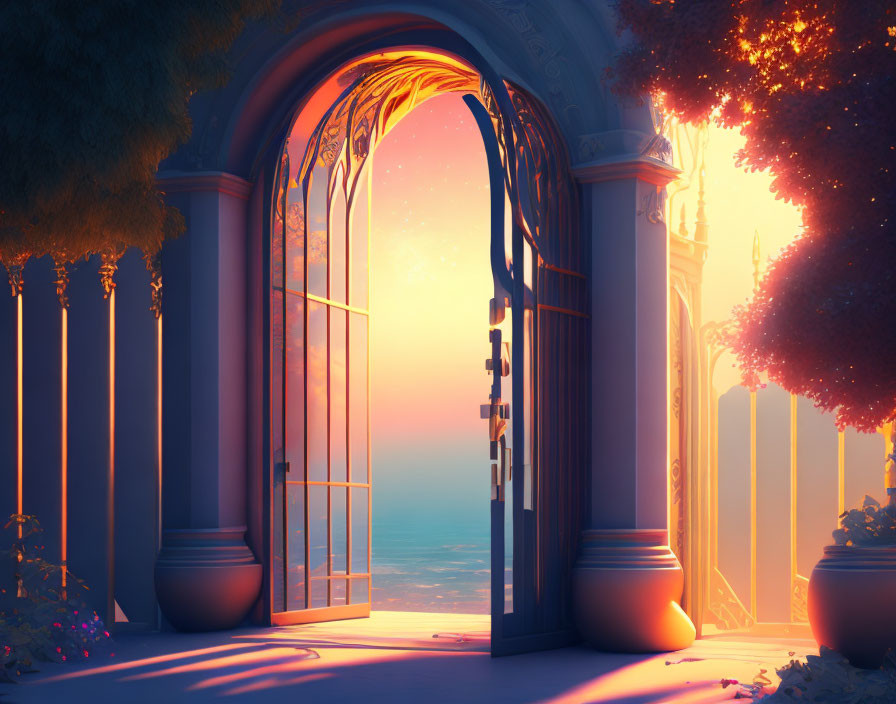 Ornate gate framing serene sunset scene with trees and pillars