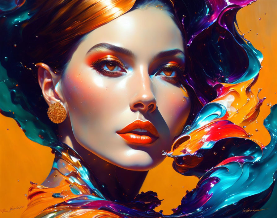 Colorful digital painting of a woman with swirling hair-like elements in warm tones